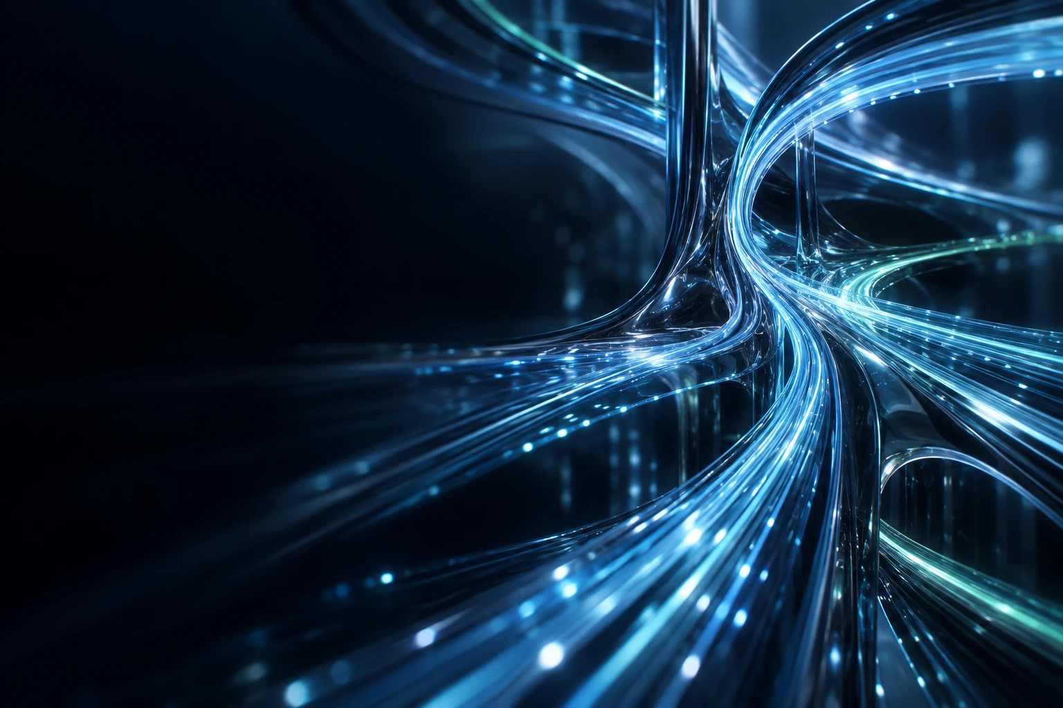 Luminous digital pathways converging into a connected network